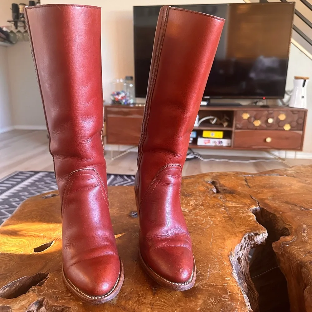Frye Tall Burgundy Leather Stacked Heel Boots - Picture 3 of 5